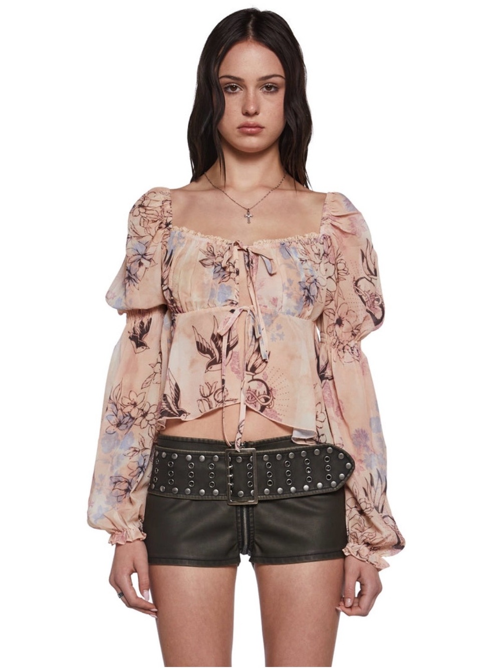 Dolls Kill x Current Mood Floral Peach Puff-Sleeve Tie-Front Top